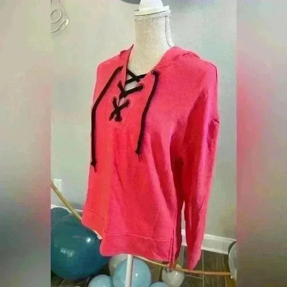 Women’s VICTORIA'S SECRET PINK LACE- UP FRONT PULLOVER HOODIE RED/BLACK XS - Picture 1 of 8